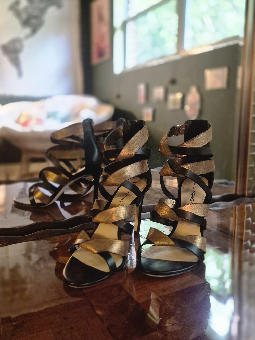 Strappy VIA SPIGA Metallic Gold & Black High Heel Sandals